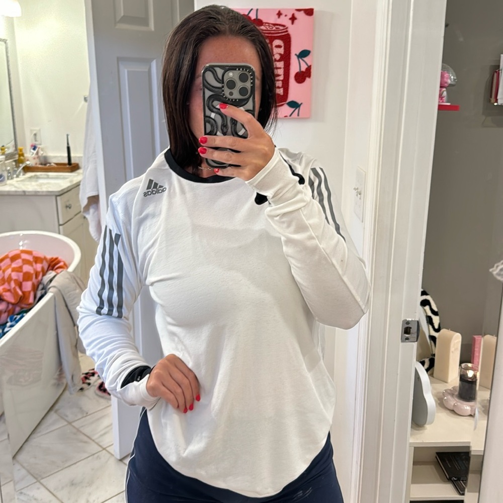 adidas White Long Sleeve Tee with Gray Stripes